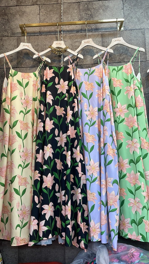 Summer Floral Print Spaghetti Straps Maxi Dress With Pocket